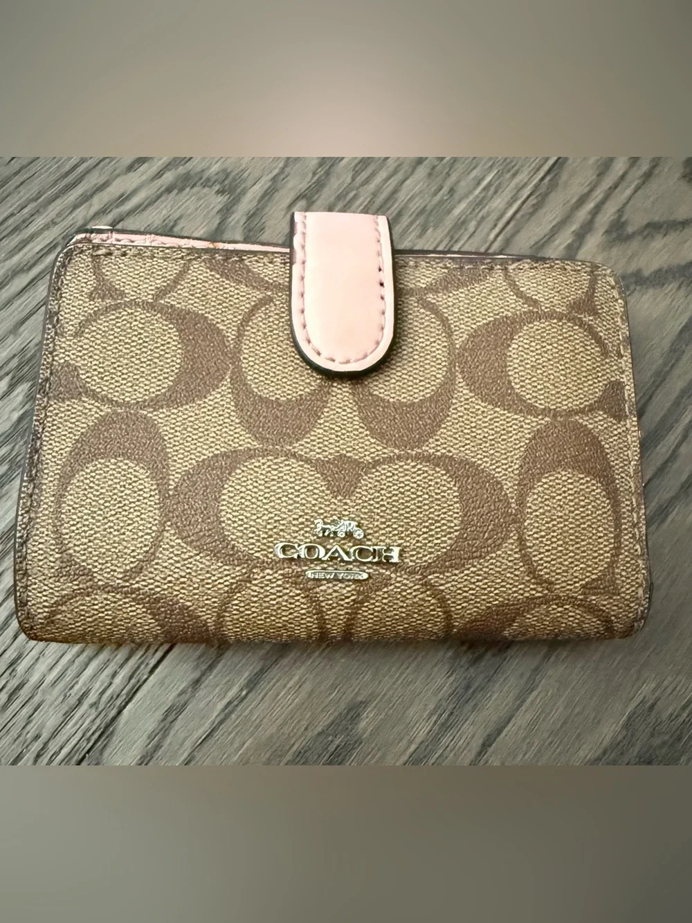 Coach Signature Canvas Compact Wallet - Brown with Pink Trim. Rehab/fair